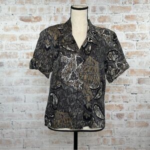 True Vintage 80s Abstract Geometric Floral Print Button Down Short Sleeve Blouse